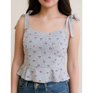 Adore Size Small Avery Top Crop Blue Cherry Print Cotton Smocked Tie Shoulder